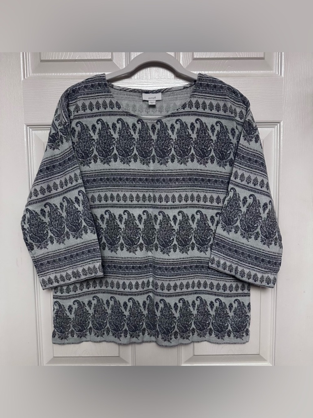 J. Jill Pure Top Women's XS Purple Blue Hemp Cotton Paisley 3/4 Sleeve Woven